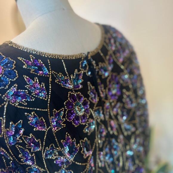Laurence Kazar Women’s 1X Blouse Black Purple Silk Beaded Floral Sequin Evening - Picture 3 of 3
